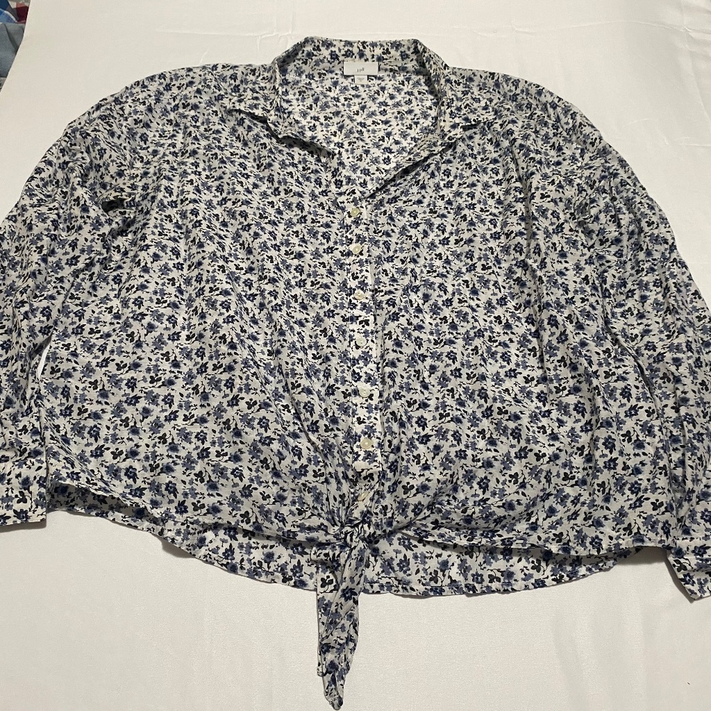 J.Jill Floral Print Tie-Front Blouse - Cotton & Silk Blend - Blue/White - Size X